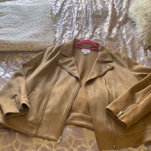 Camel color, gently worn, peach skin moto jacket